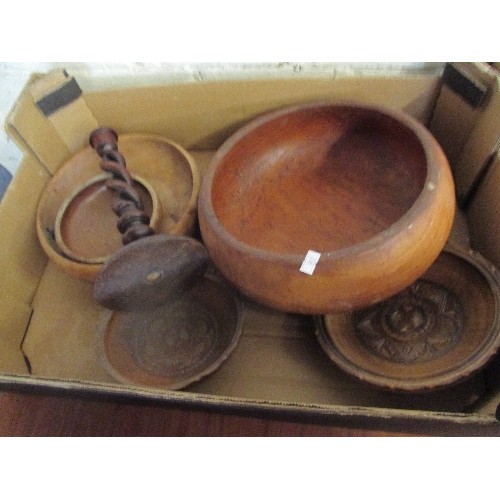 172 - WOODEN BOWLS, BOOKSHELF & CANDLESTICK