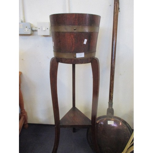 128 - WOODEN PLANTER ON STAND, WITH COPPER BANDING