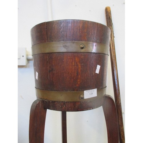 128 - WOODEN PLANTER ON STAND, WITH COPPER BANDING