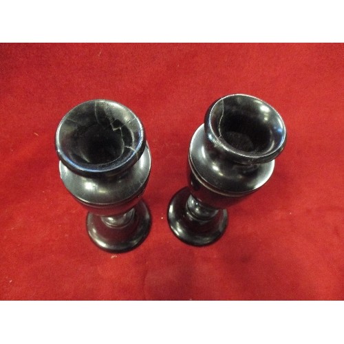 228 - PAIR OF TURNED EBONY CANDLESTICKS (REPAIR TO RIMS)