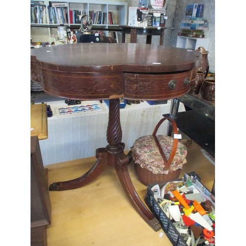 235 - SHAPELY VINTAGE SIDE TABLE WITH DRAWER ON TRIPOD LEGS