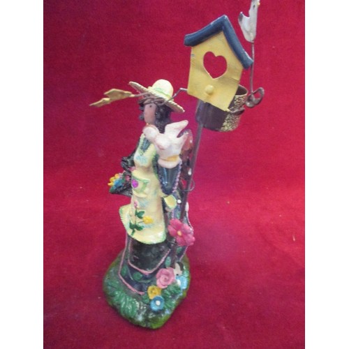 33 - UNUSUAL HAND MADE ENAMELLED METAL CANDLESTICK - IN THE FORM OF A LADY IN A GARDEN - 23CM