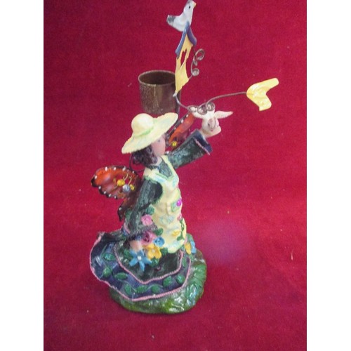 33 - UNUSUAL HAND MADE ENAMELLED METAL CANDLESTICK - IN THE FORM OF A LADY IN A GARDEN - 23CM