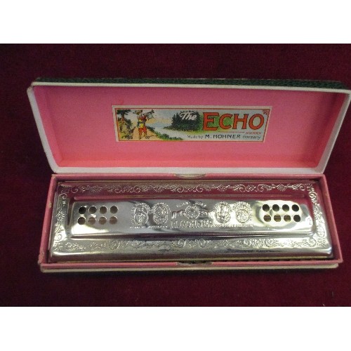 17 - VINTAGE HOHNER ECHO HARP HARMONICA WITH BELL METAL REEDS, IN ORIGINAL BOX