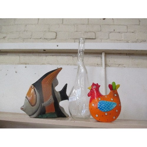 42 - HANDPAINTED CERAMIC CHICKEN, FISH AND A U'LUVKA VODKA MAGNUM BOTTLE