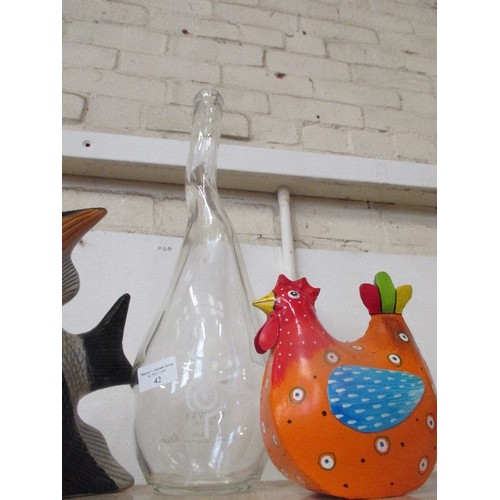 42 - HANDPAINTED CERAMIC CHICKEN, FISH AND A U'LUVKA VODKA MAGNUM BOTTLE