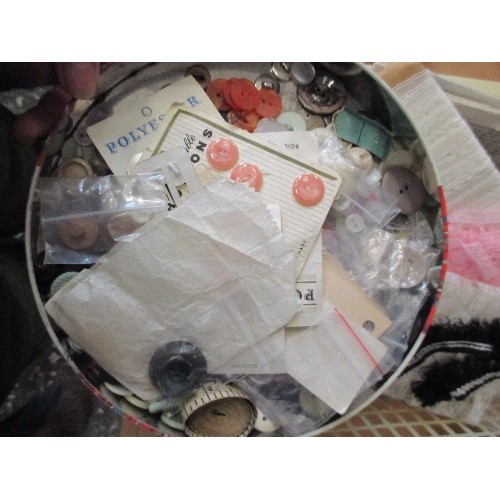 185 - BASKET OF VINTAGE SEWING ITEMS, PATTERNS, TIN OF BUTTONS ETC