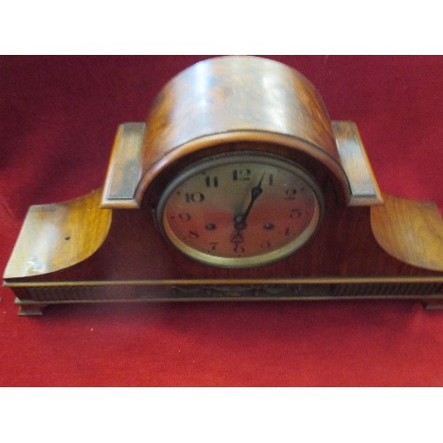 73 - WALNUT CASED CHIMING MANTLE CLOCK WITH PENDULUM