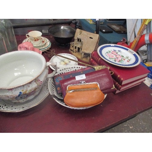 247 - MIXED LOT TO INCLUDE CHINA, PURSES, BRASS TOASTING FORK, PLUMBING BOOKS, PIG & DOG ORNAMENTS ETC