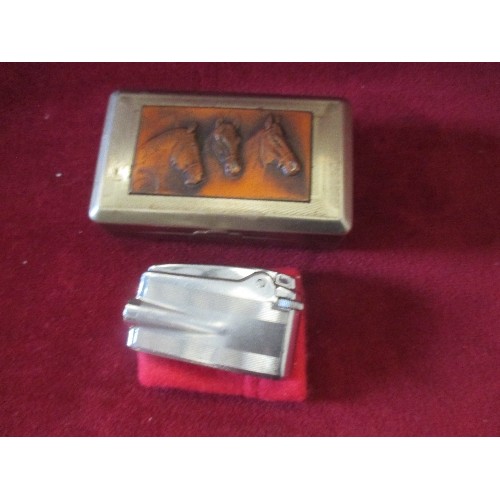 89 - CHARLES WELLS THE FAMILY BREWER ASHTRAY + LIGHTER & HORSE DESIGN CIGARETTE BOX