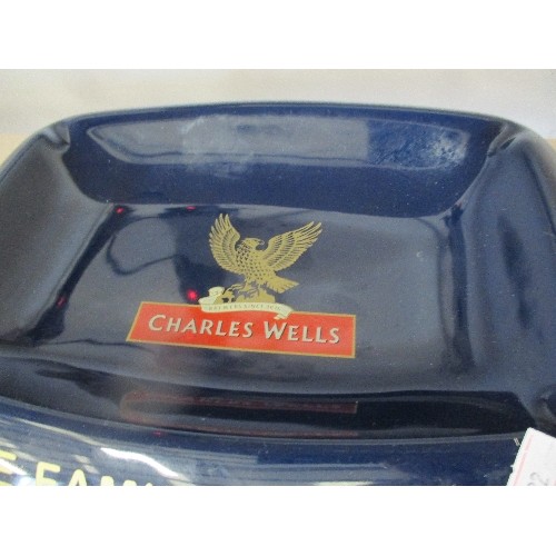 89 - CHARLES WELLS THE FAMILY BREWER ASHTRAY + LIGHTER & HORSE DESIGN CIGARETTE BOX