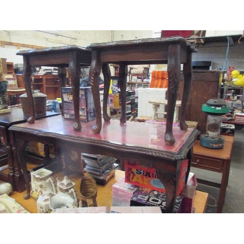 279 - NEST OF 3 TABLES  - DARK WOOD WITH RED LEATHER AND GLASS TOPS