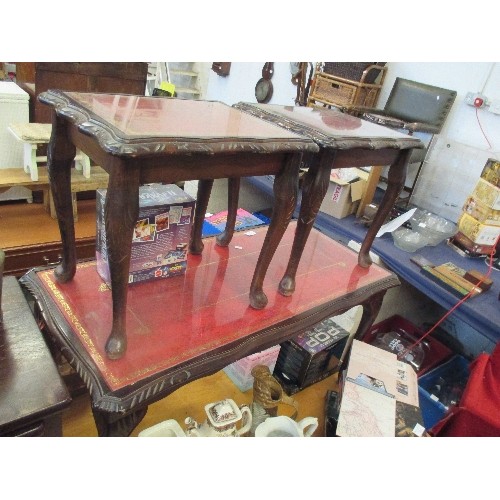 279 - NEST OF 3 TABLES  - DARK WOOD WITH RED LEATHER AND GLASS TOPS