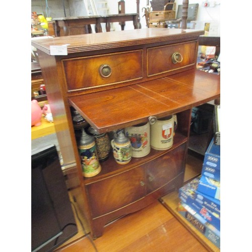 303 - GOOD QUALITY WALNUT SIDE CABINET WITH BRUSHING SLIDE, 2 DRAWERS AND A CUPBOARD - 54CM X 34CM X 80CM