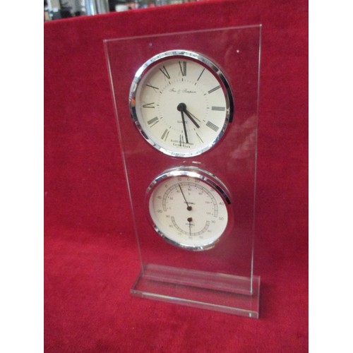 215 - FOX & SIMPSON GLASS CLOCK, HYGROMETER & THERMOMETER