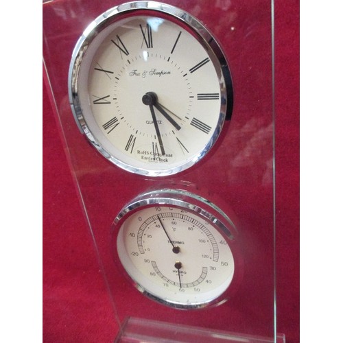 215 - FOX & SIMPSON GLASS CLOCK, HYGROMETER & THERMOMETER