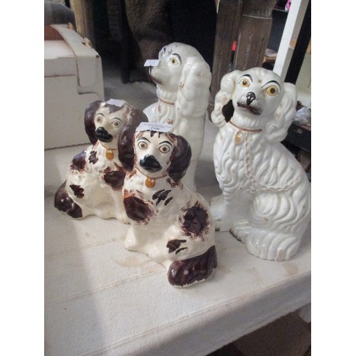 198 - 2 PAIRS OF FLAT BACK STAFFORDSHIRE DOGS. THE WHITE PAIR VICTORIAN, BUT ONE HAS A HOLE AS IN PHOTO