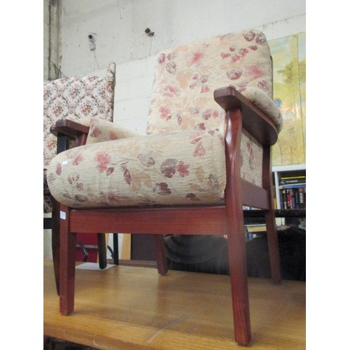 362 - WOODEN FRAMED ARMCHAIR IN OATMEAL AND FLORAL PATTERNED FABRIC