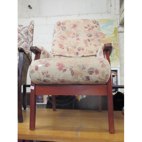 362 - WOODEN FRAMED ARMCHAIR IN OATMEAL AND FLORAL PATTERNED FABRIC