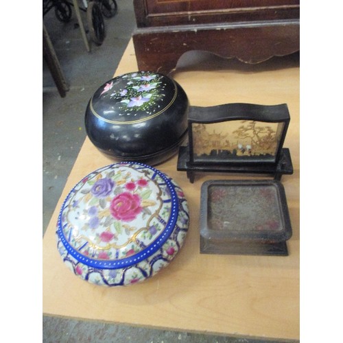 225 - ORIENTAL TRINKET BOXES, CARVED DISPLAY & VINTAGE TIN