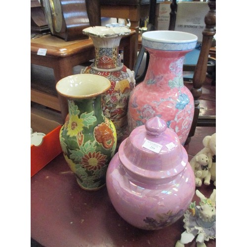 234 - 3 LARGE VASES INCLUDING SATSUMA + PINK DECORATED LIDDED JAR