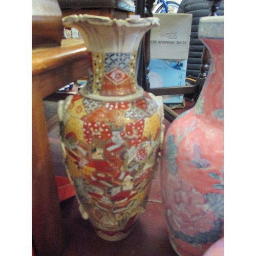 234 - 3 LARGE VASES INCLUDING SATSUMA + PINK DECORATED LIDDED JAR