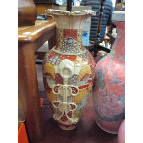 234 - 3 LARGE VASES INCLUDING SATSUMA + PINK DECORATED LIDDED JAR