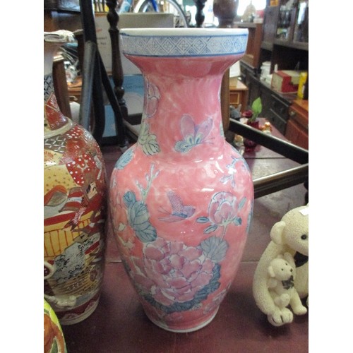 234 - 3 LARGE VASES INCLUDING SATSUMA + PINK DECORATED LIDDED JAR