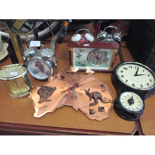 249 - 8 CLOCKS INCLUDING 2 COCKEREL ALARM CLOCKS, KITCHEN TIMER, AUSTRALIA ETC