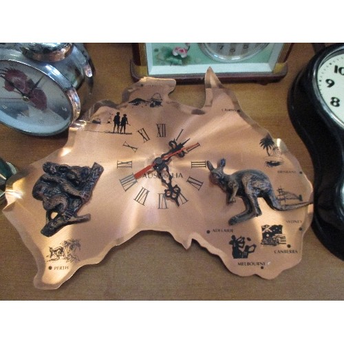 249 - 8 CLOCKS INCLUDING 2 COCKEREL ALARM CLOCKS, KITCHEN TIMER, AUSTRALIA ETC