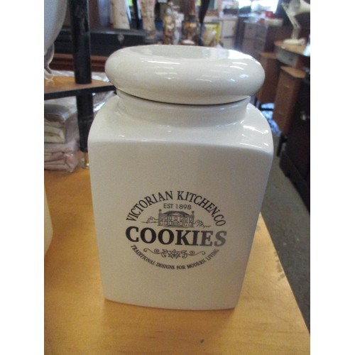 266 - CREAM TEA, COFFEE, SUGAR, COOKIE JARS + OTHER STORAGE JARS