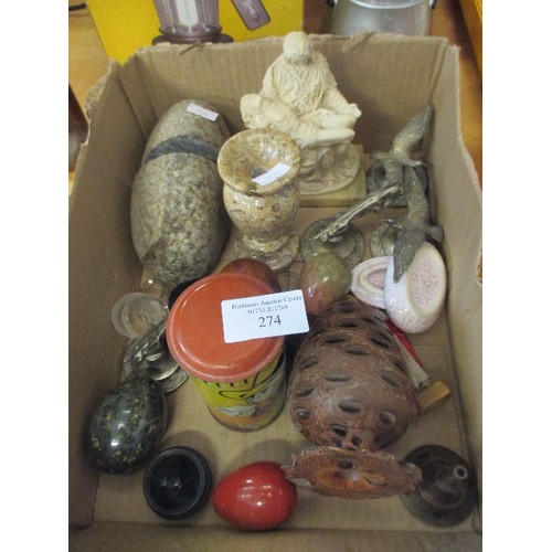 274 - MIXED BOX OF ITEMS INCLUDING STONE BOOK ENDS, METAL EAGLES, METAL JAGUARS, EGGS ETC