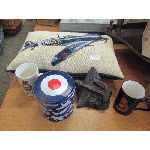 286 - RAF JOB LOT TO INCLUDE SPITFIRE CUSHION, RAF DUXFORD & DAMBUSTERS MUGS, RAF TIN, BRONZE COLOURED SPI... 