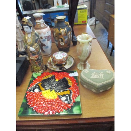 295 - MIXED CHINA INCLUDING BUTTERFLY TILE, VASES, WEDGWOOD, ONYX, CLOISONNE,SATSUMA  ETC