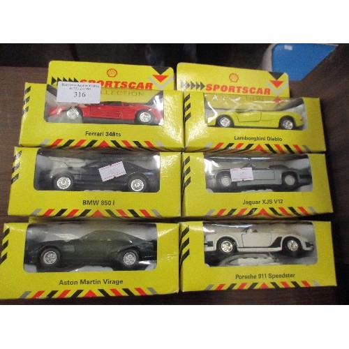 316 - 6 BOXED MODEL SHELL SPORTS CARS INC ASTON MARTIN, BMW, JAGUAR, PORSCHE & LAMBORGHINI DIABLO