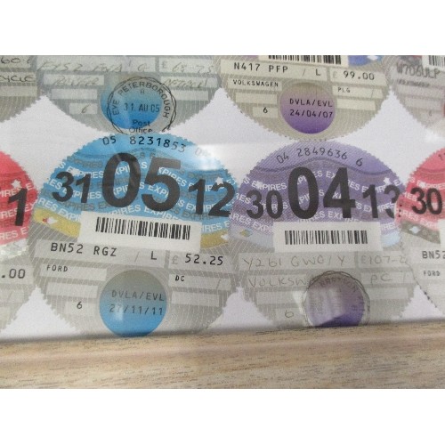 373 - RETRO FRAMED DISPLAY OF TAX DISCS - CONSECUTIVE YEARS 2004 - 2015