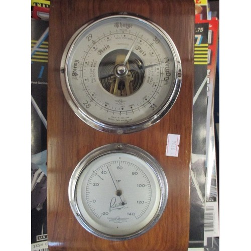 386 - GOOD QUALITY ANEROID WALL BAROMETER AND THERMOMETER BY ROTOTHERM IN WOODEN CASE - BRITISH MAKE