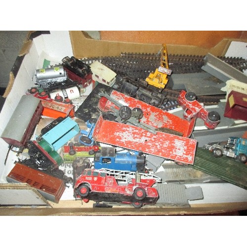 170 - VINTAGE CASE & A BOX OF TRAINS, VEHICLES & OTHER TOYS INCLUDING DINKY, TRIANG ETC