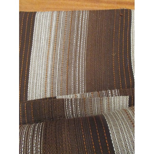 438 - PAIR OF VINTAGE RETRO CHOCOLATE BROWN, TAN AND BEIGE STRIPED CURTAINS. EACH 145CM WIDE X 225CM DROP