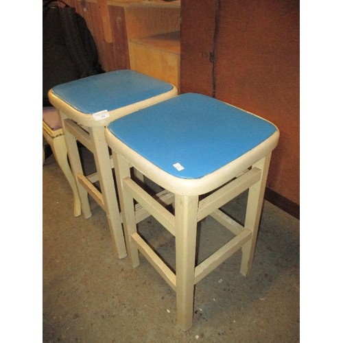 394 - PAIR OF WOODEN STOOLS WITH BLUE SEATS