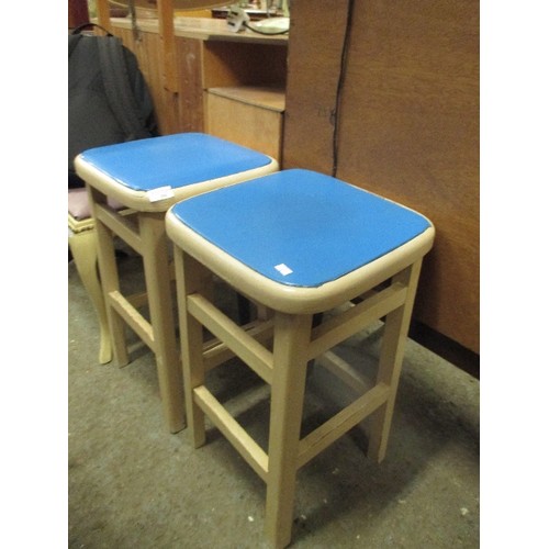 394 - PAIR OF WOODEN STOOLS WITH BLUE SEATS