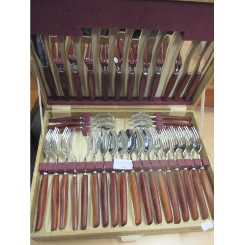 418 - MID CENTURY CANTEEN OF CUTLERY WITH TEAK HANDLES - ALL COMPLETE - APPEARS UNUSED - IN ORIGINAL BOX