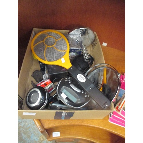 519 - BOX OF MISCELLANEOUS INCLUDING SPEAKER, SHAVING MIRROR ETC