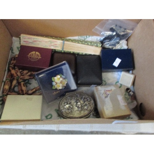 203 - BOX OF COSTUME JEWELLERY, FANS ETC