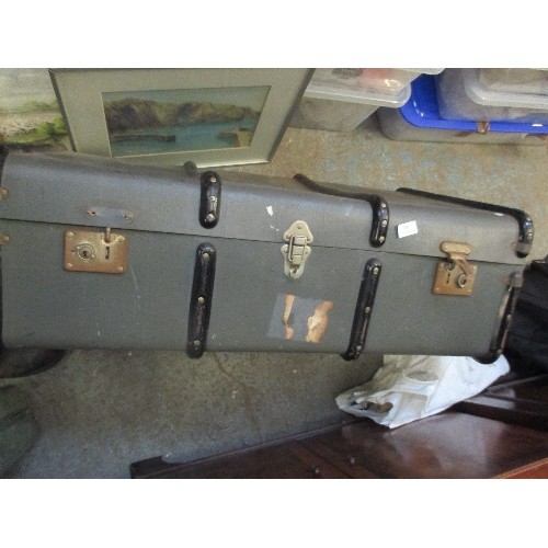 452 - LARGE GREY STEAMER TRUNK WITH METAL BANDING