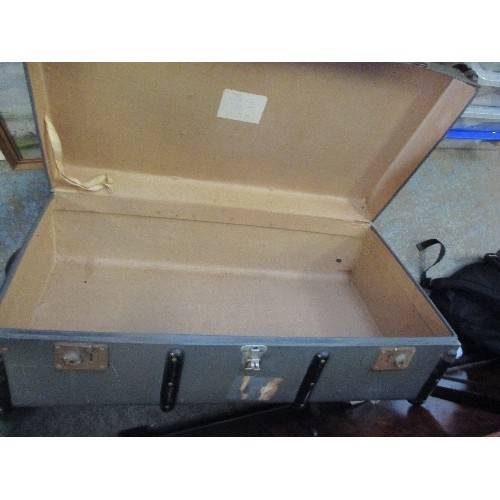 452 - LARGE GREY STEAMER TRUNK WITH METAL BANDING