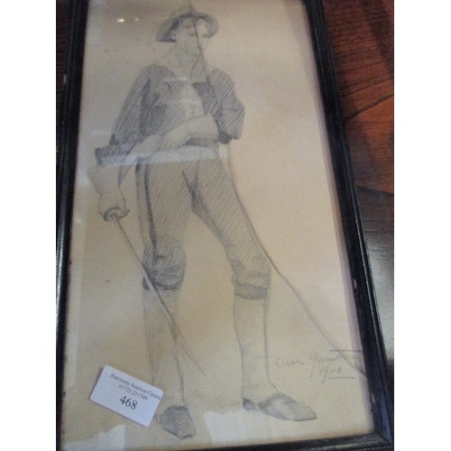 468 - ORIGINAL PENCIL DRAWING OF A YOUNG MAN WITH A SWORD, SIGNED 1900, WITH PURCHASE DETAILS ON BACK 