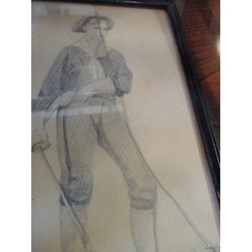 468 - ORIGINAL PENCIL DRAWING OF A YOUNG MAN WITH A SWORD, SIGNED 1900, WITH PURCHASE DETAILS ON BACK 