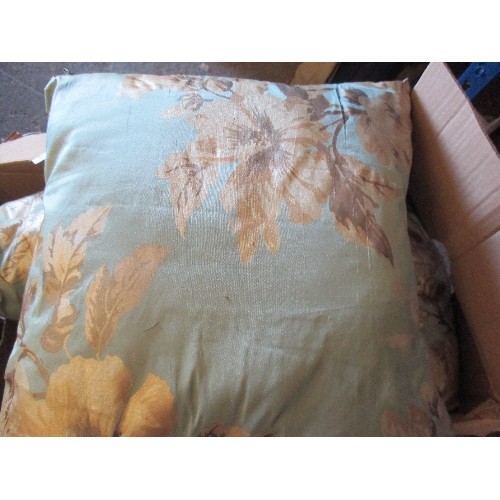 477 - 4 GOOD QUALITY SCATTER CUSHIONS IN PALE GREEN SILK FABRIC WITH FAWN FLORAL PATTERN