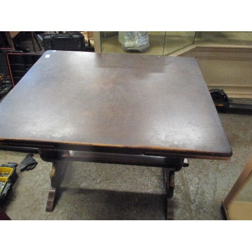 486 - DARK OAK REFECTORY TABLE - DRAW LEAF. 156CM X 77CM WITH LEAVES OUT